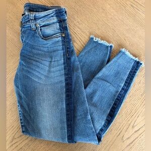 Kut from the Kloth ankle skinny jeans with a darker side stripe and frayed hem